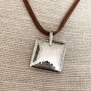 SILPADA Sterling Silver Square Hammered Puffed Pendant On Leather Necklace